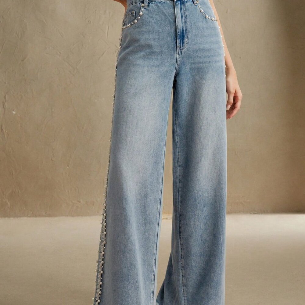 Blue Casual Women's Denim Jeans With Pearls And Pockets - Picture 6 of 7